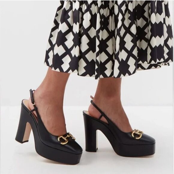 Gucci Horsebit Baby Platform Slingback Black Pumps Heels Size 40 - Picture 2 of 12